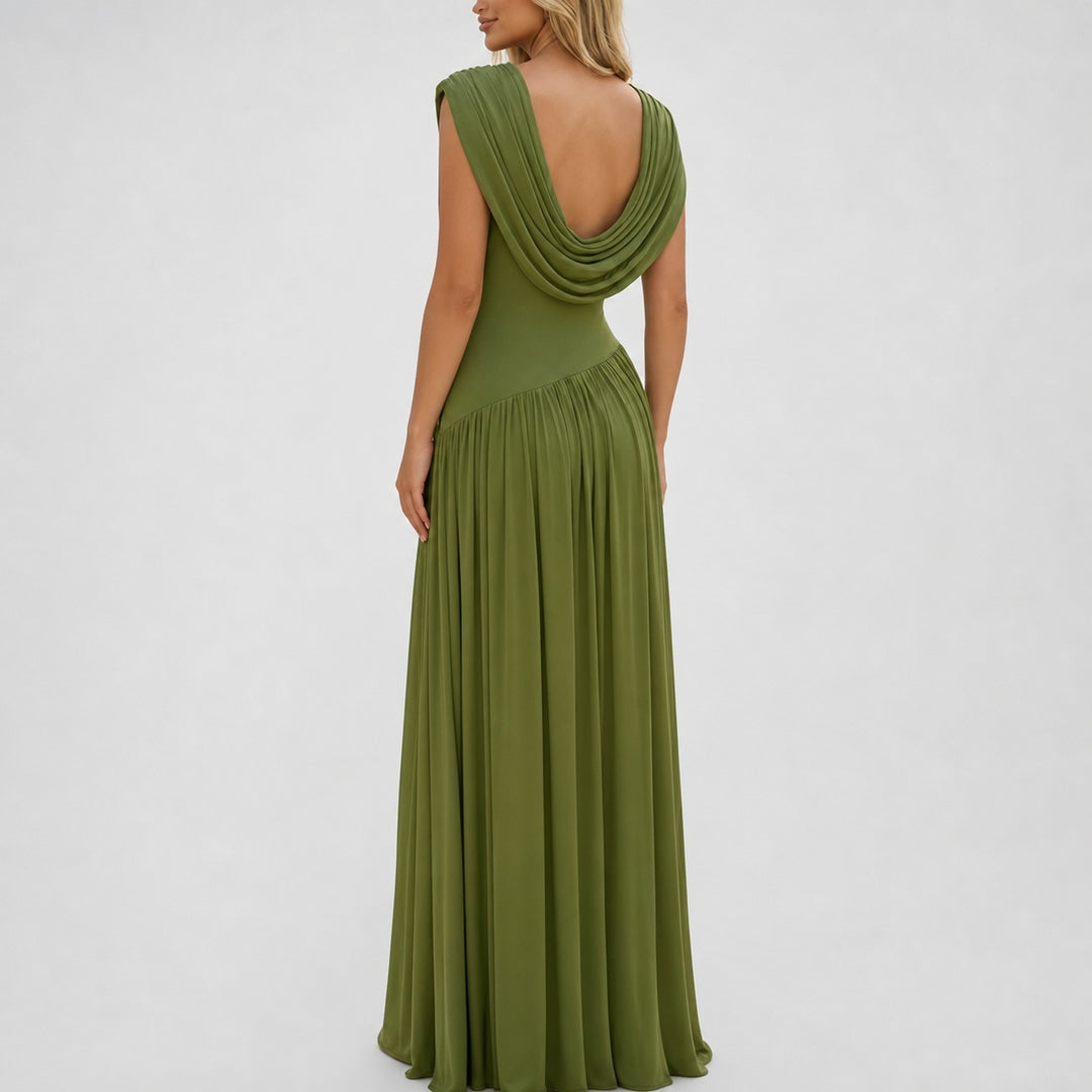 Back view showing the convertible cowl drape on The Elara maxi dress
