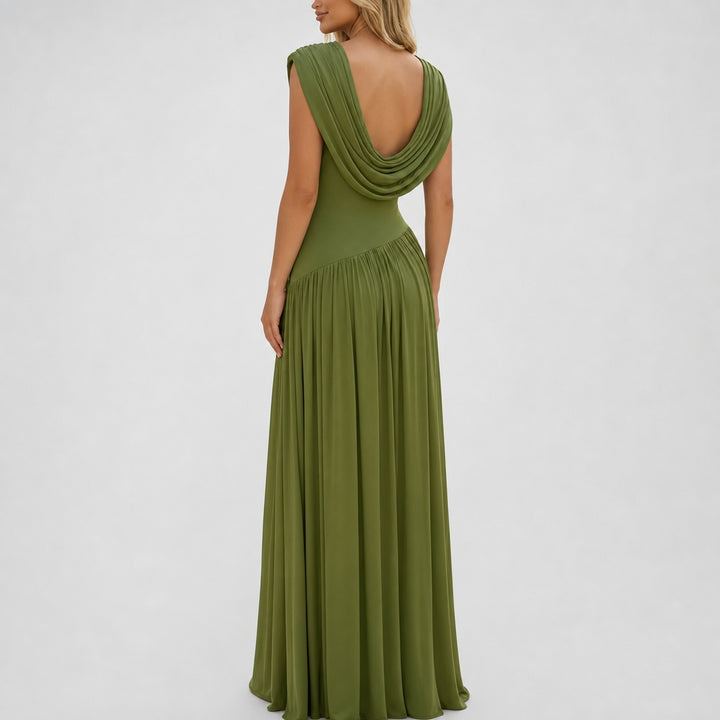 Back view showing the convertible cowl drape on The Elara maxi dress