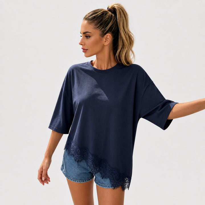 The Elara lace-trim asymmetric hem tee in navy