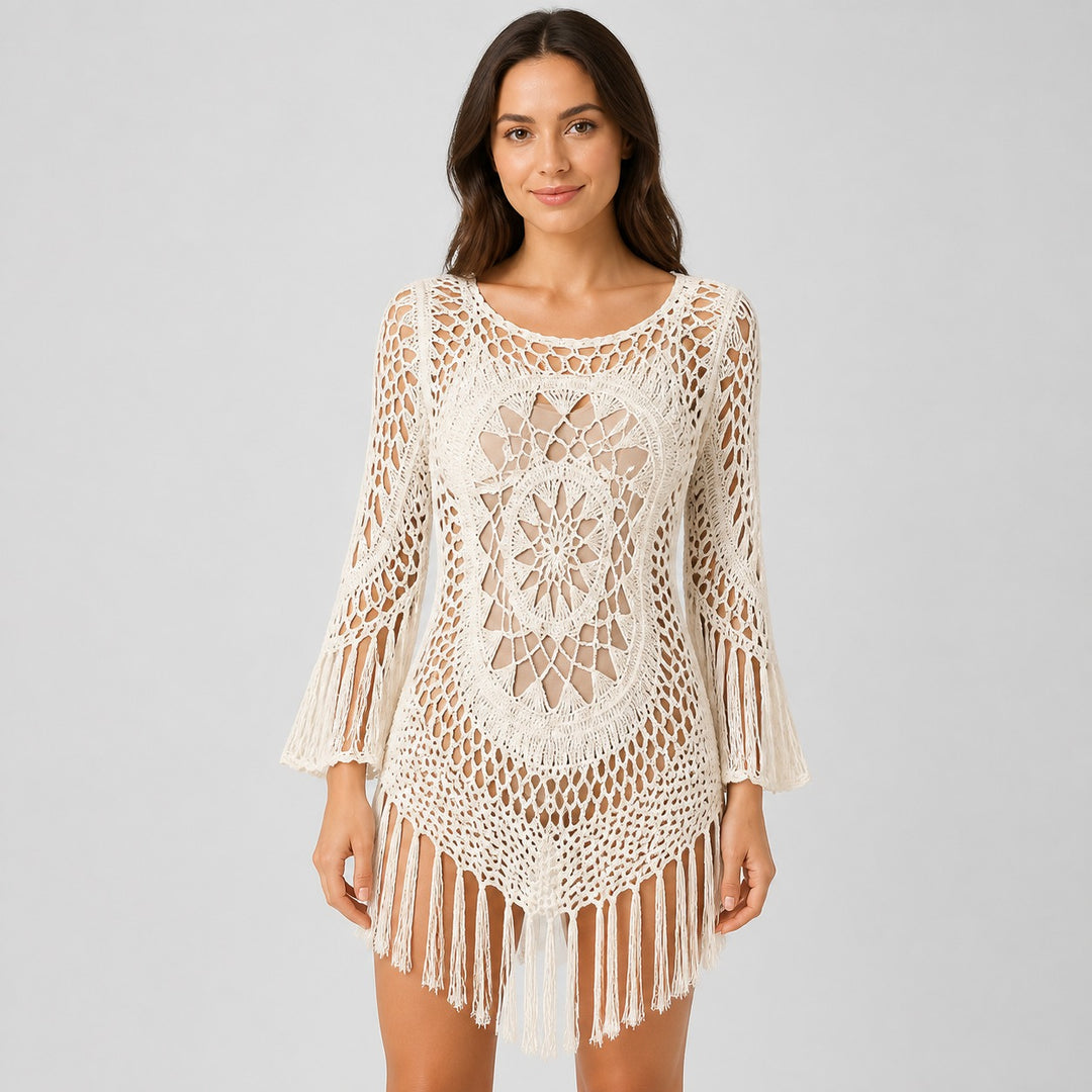 The Elara Crochet Fringe Cover-Up Top in white