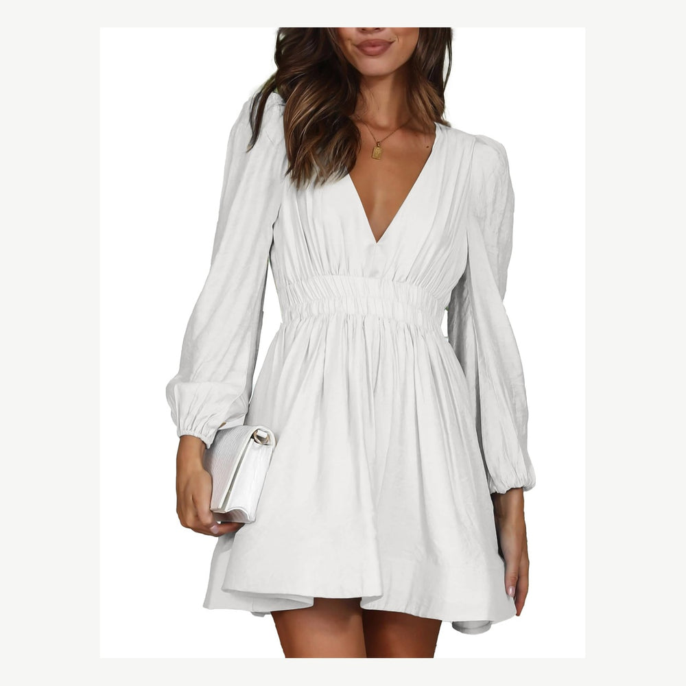 The Elara Gothic V-Neck Chiffon Mini Dress in white