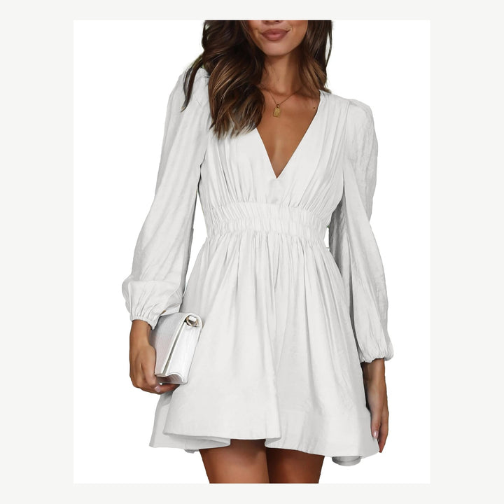 The Elara Gothic V-Neck Chiffon Mini Dress in white
