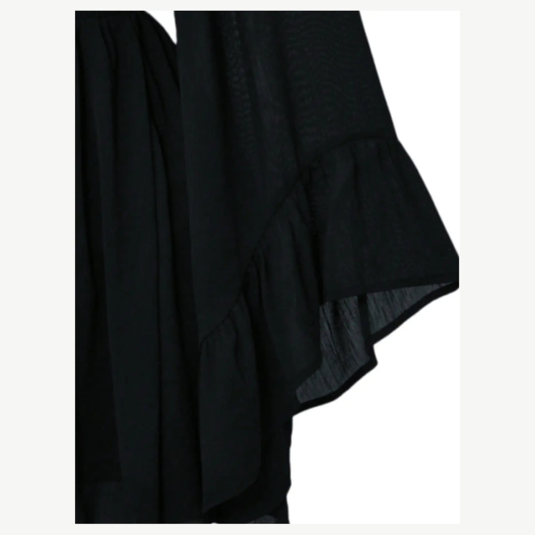 Lantern sleeve detail of The Elara Gothic V-Neck Chiffon Mini Dress