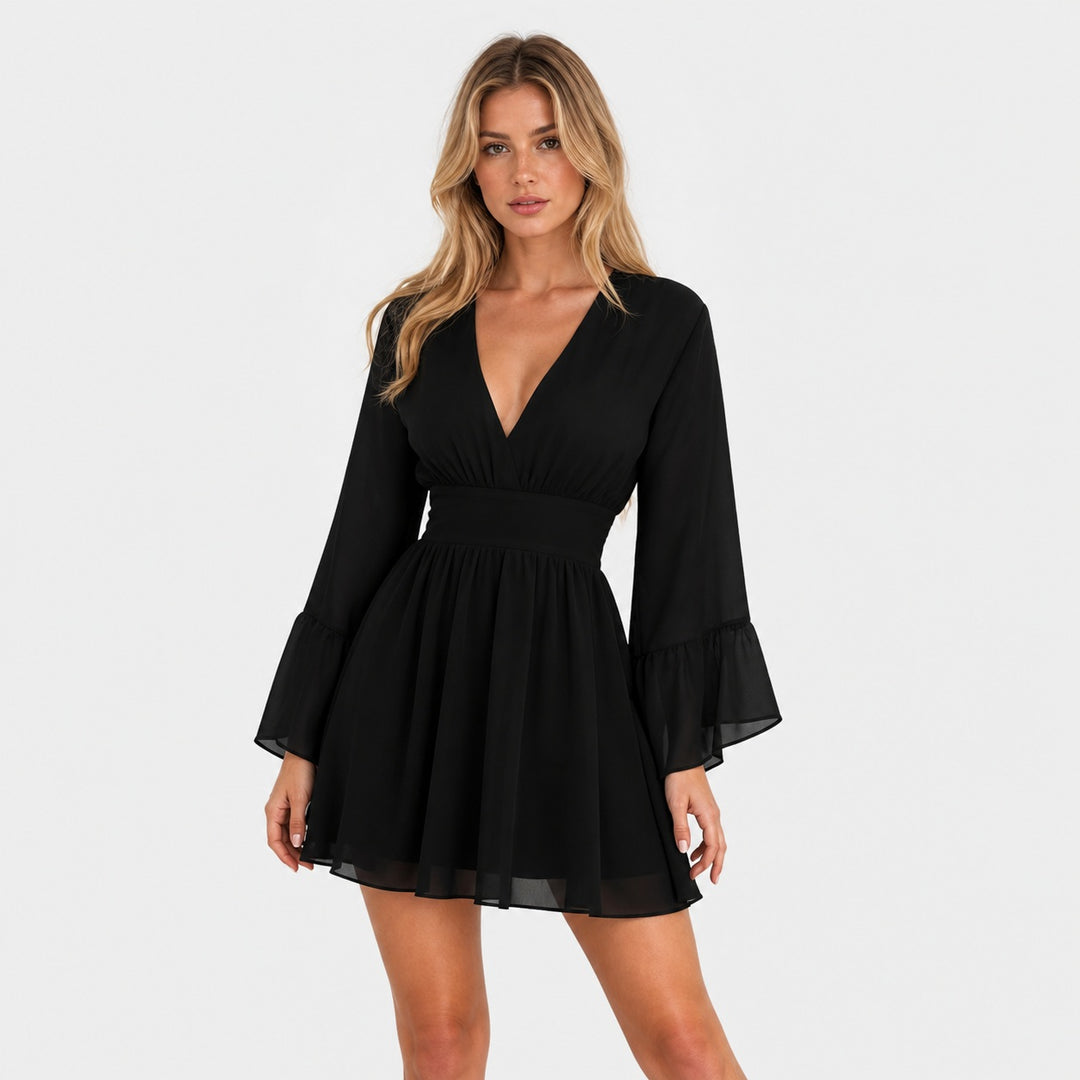 The Elara Gothic V-Neck Chiffon Mini Dress in black
