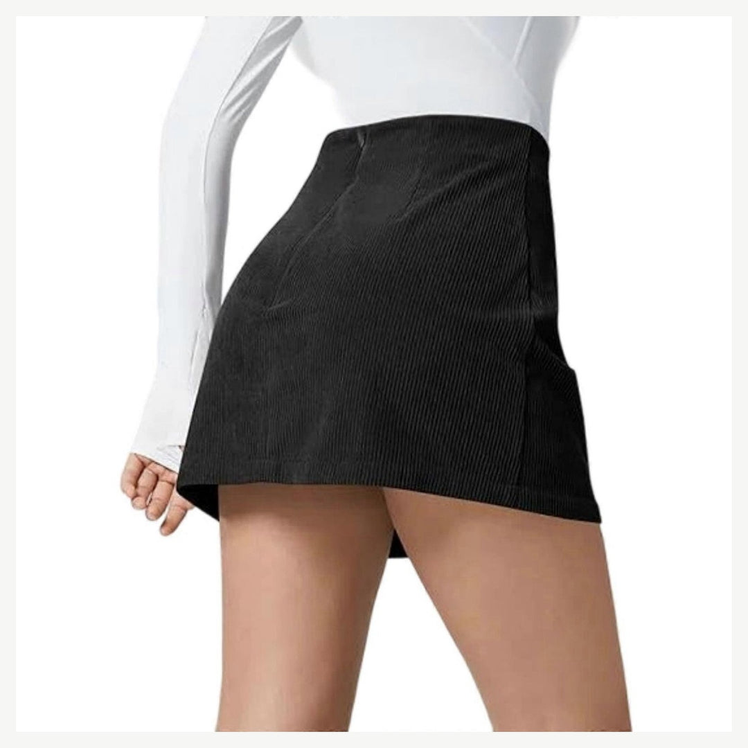 The Elara Corduroy Built-In Shorts Mini Skort in black