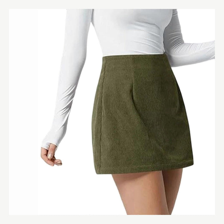 Side view showing the built-in shorts coverage of The Elara corduroy skort