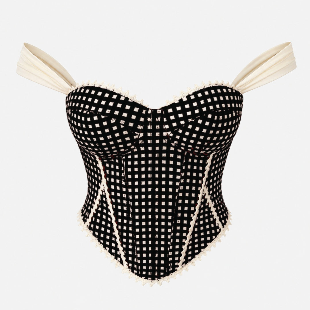 The Elara Ribbon Gingham Corset Top in black