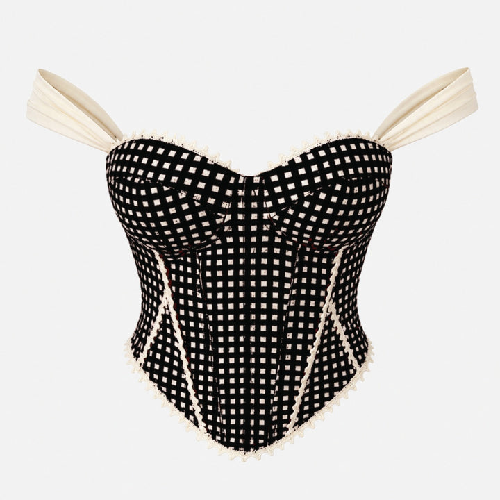 The Elara Ribbon Gingham Corset Top in black