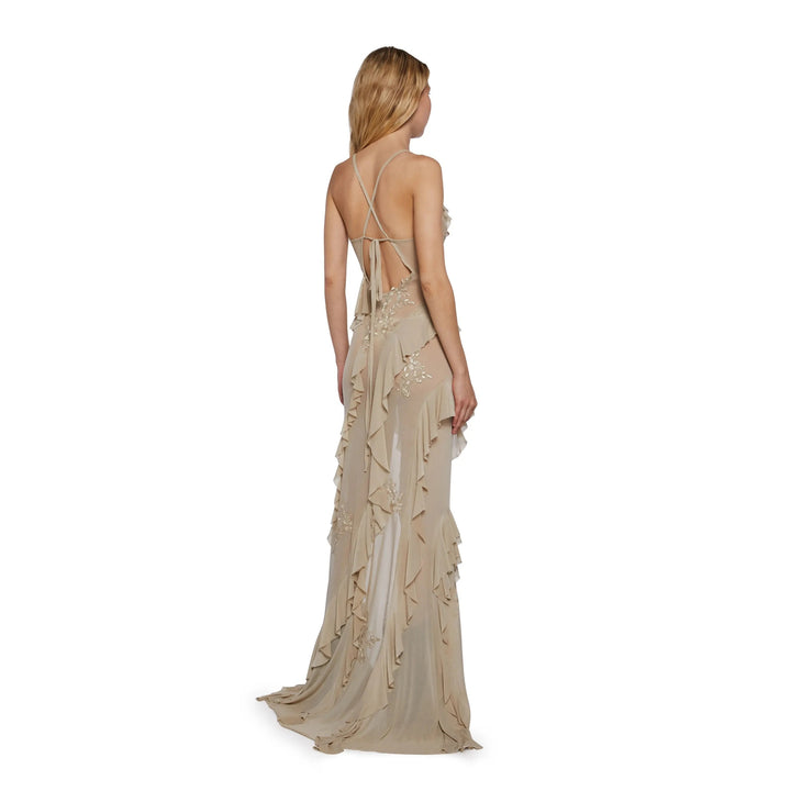 The Elara Lace Appliqué Cutout Maxi Dress open tie back view