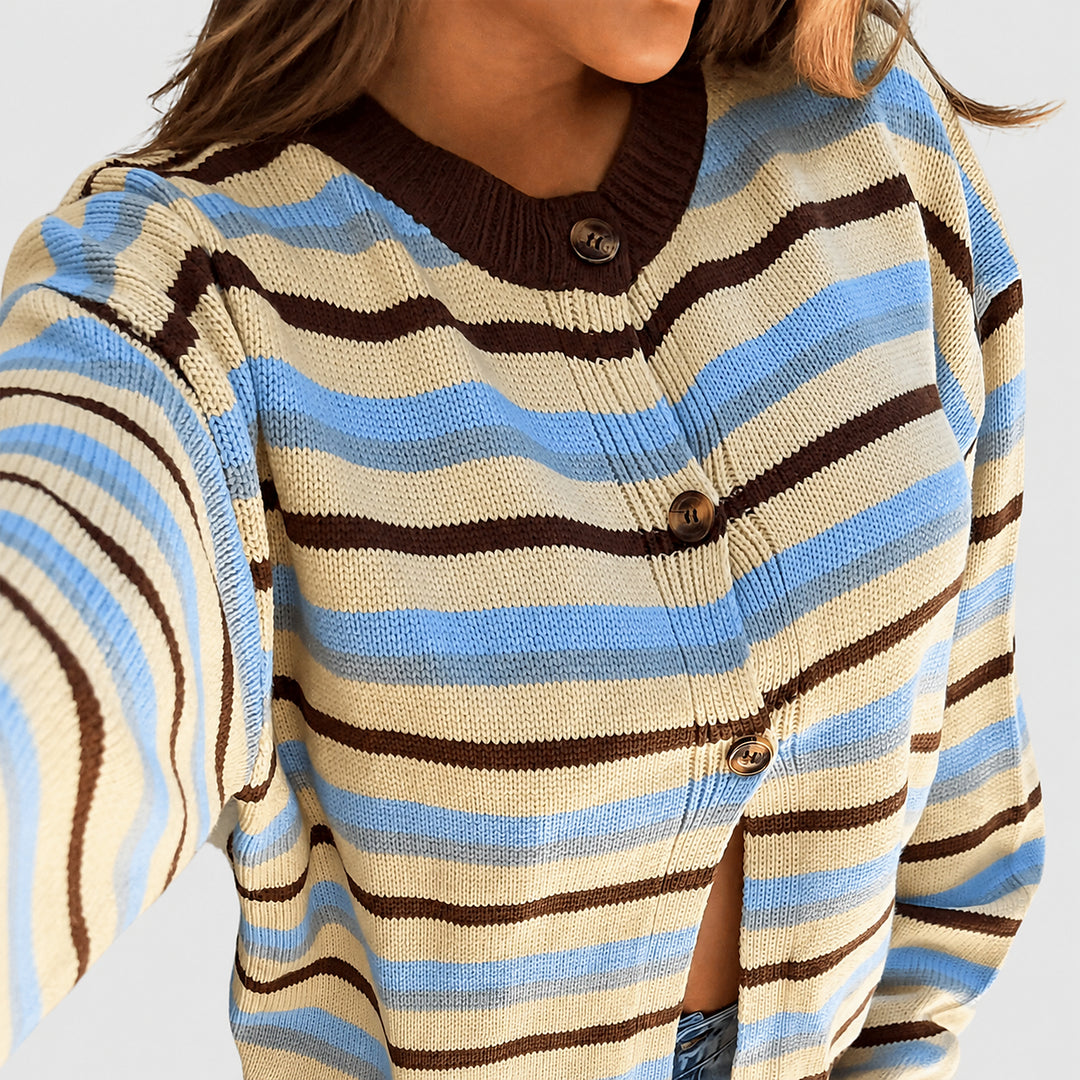Yellow contrast-stripe knit cardigan knit and button detail