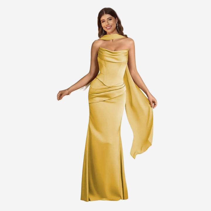 Gold satin scarf mermaid gown front view