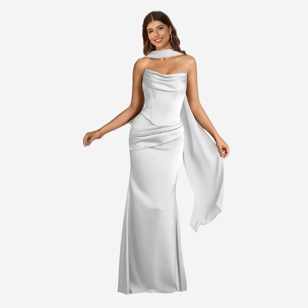 White satin scarf mermaid gown front view