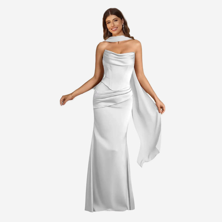 White satin scarf mermaid gown front view