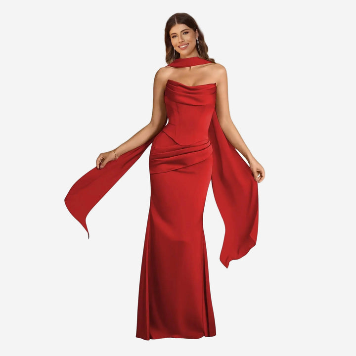 Red satin scarf mermaid gown front view