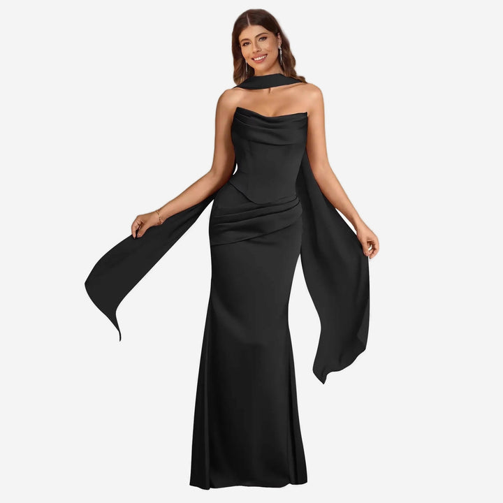 Black satin scarf mermaid gown front view