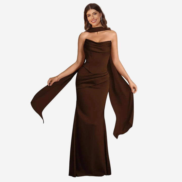Brown satin scarf mermaid gown front view