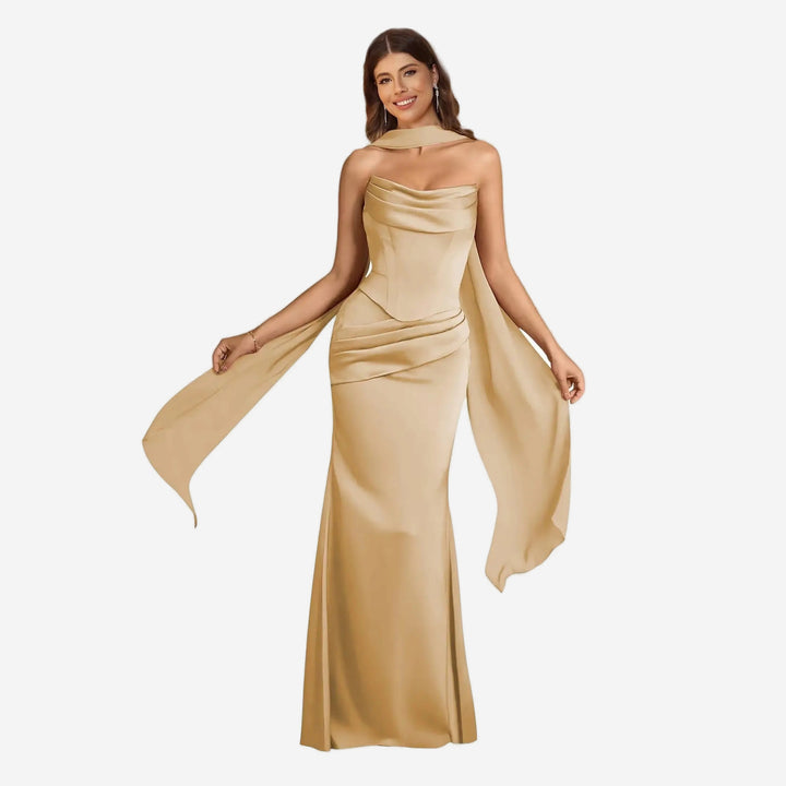 Champagne satin scarf mermaid gown front view
