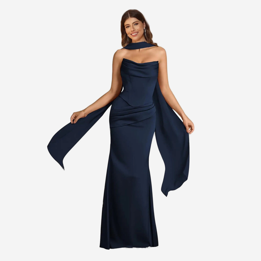 Navy satin scarf mermaid gown front view
