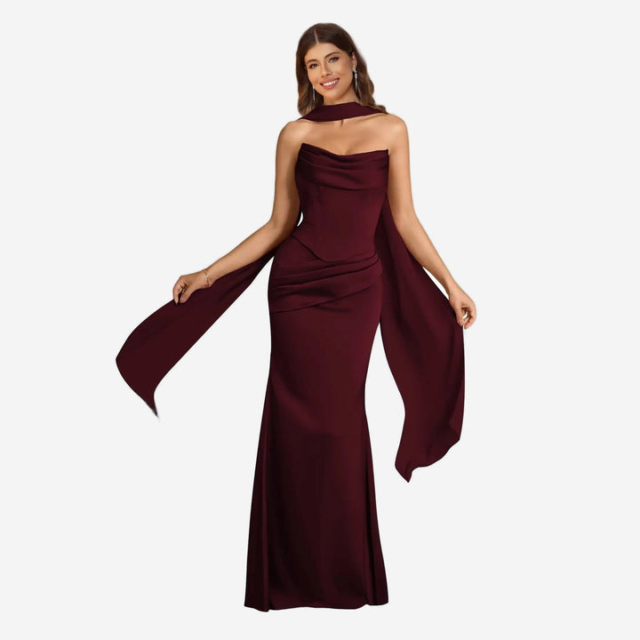 Burgundy satin scarf mermaid gown front view