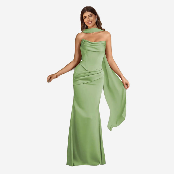 Light green satin scarf mermaid gown front view
