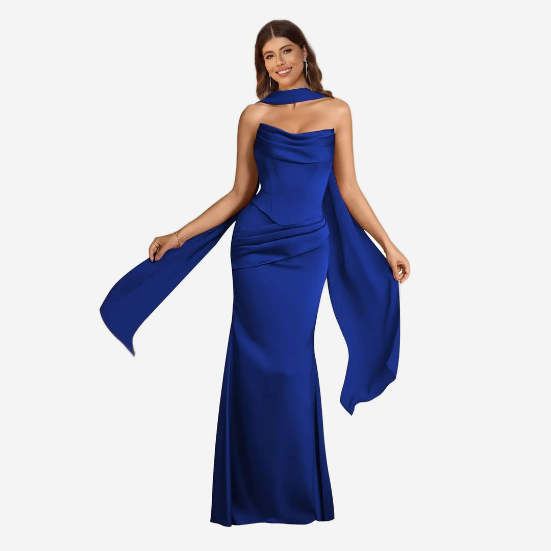Blue satin scarf mermaid gown front view