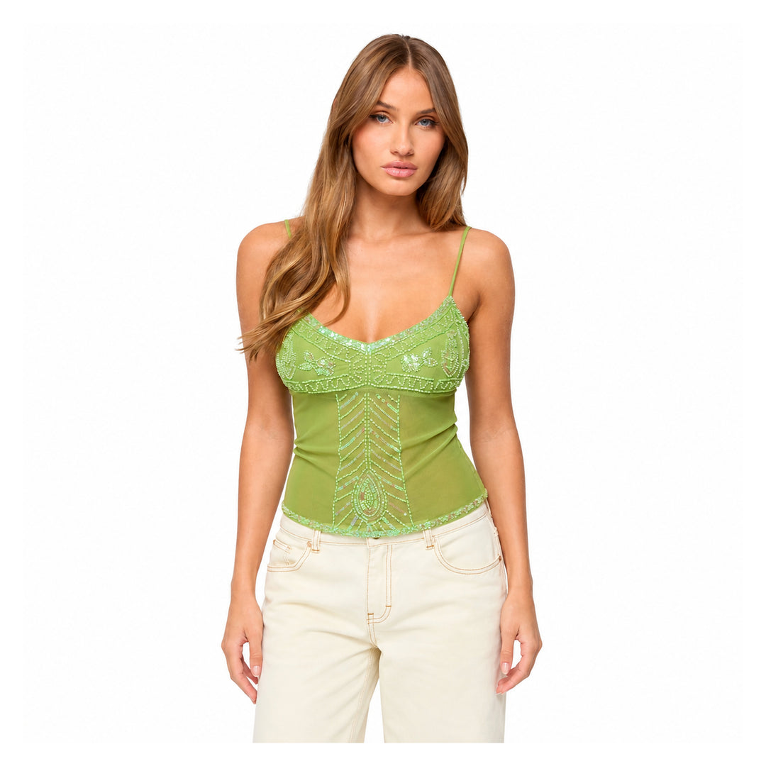 The Elara Embroidered Sequin Lace Cami Top in green, front view