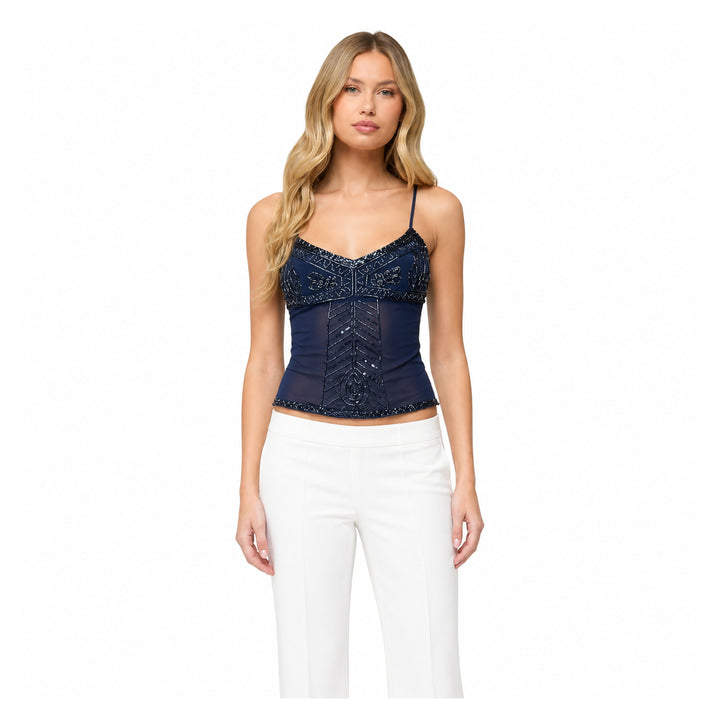 The Elara Embroidered Sequin Lace Cami Top in blue, front view