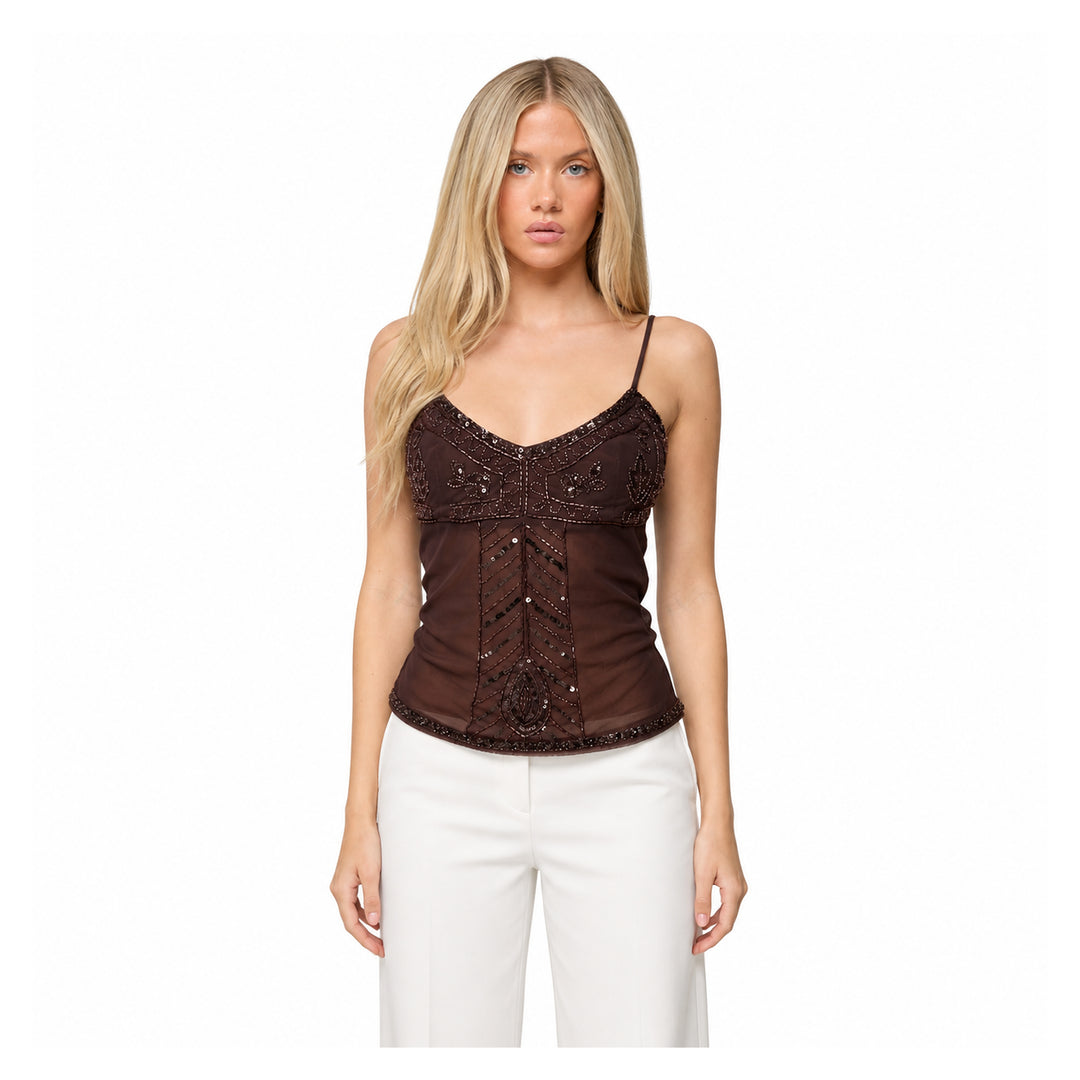The Elara Embroidered Sequin Lace Cami Top in coffee, front view