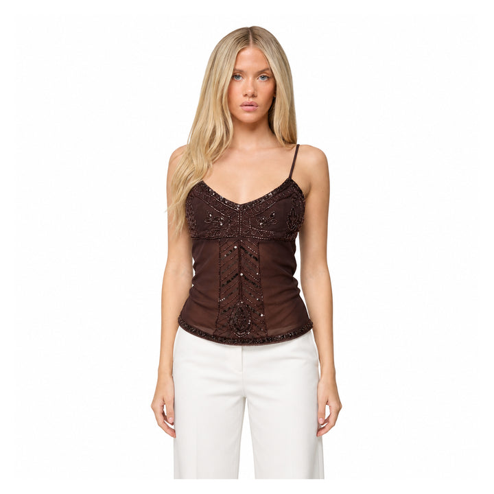 The Elara Embroidered Sequin Lace Cami Top in coffee, front view
