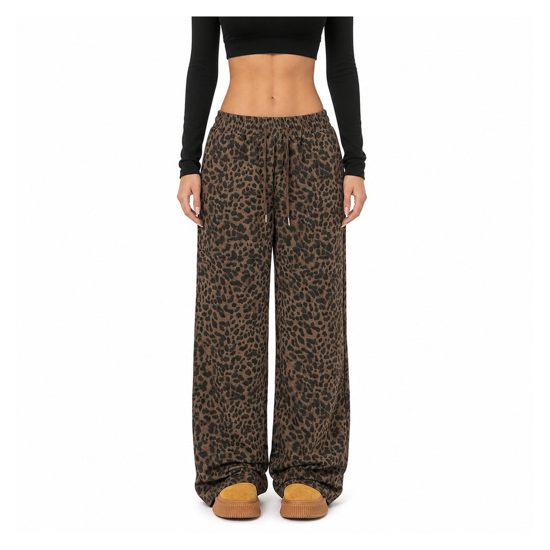 The Elara Relaxed Leopard Wide-Leg Pants in dark brown, front view
