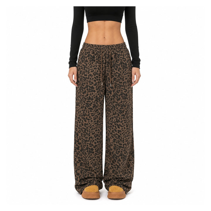 The Elara Relaxed Leopard Wide-Leg Pants in dark brown, front view
