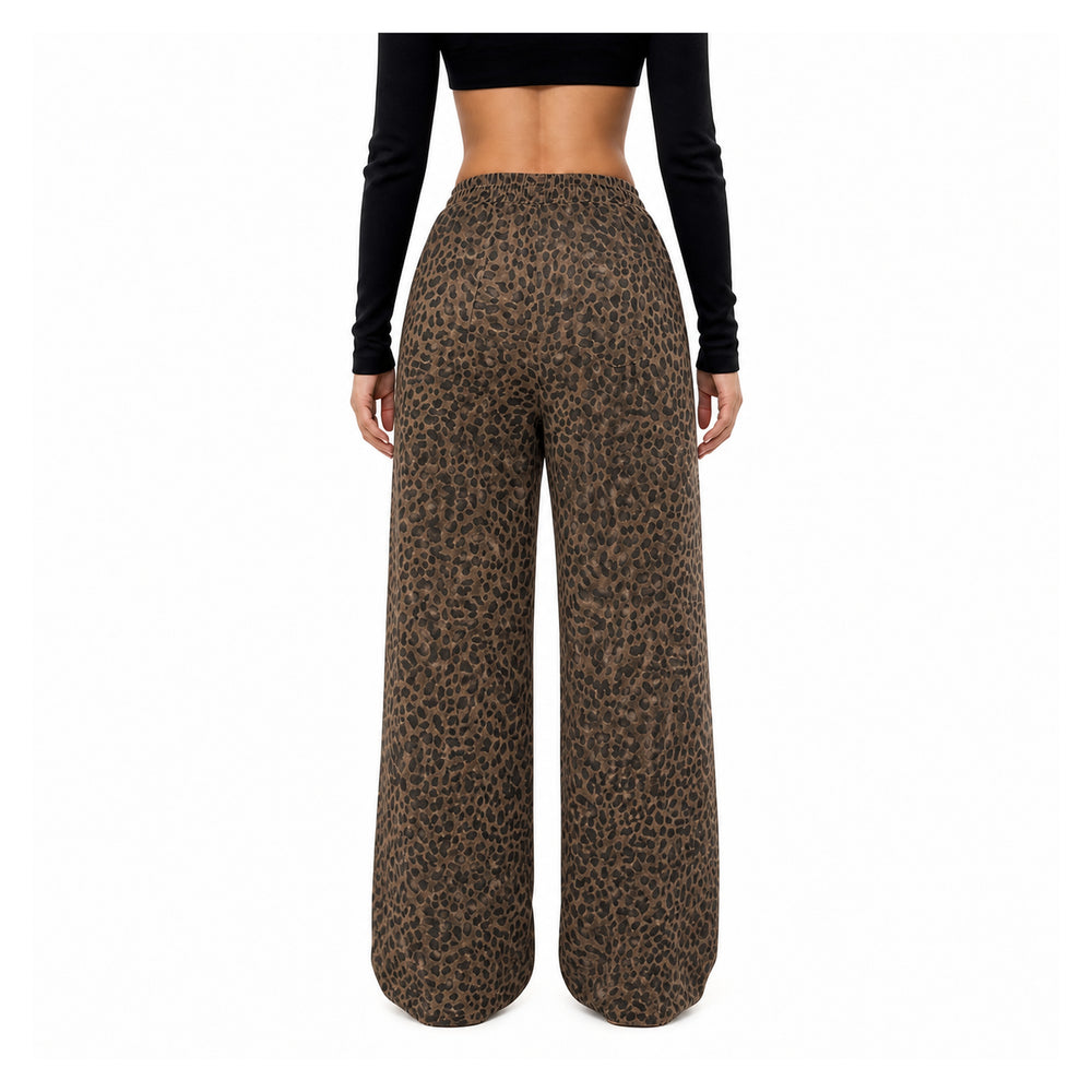The Elara Relaxed Leopard Wide-Leg Pants in dark brown, back view