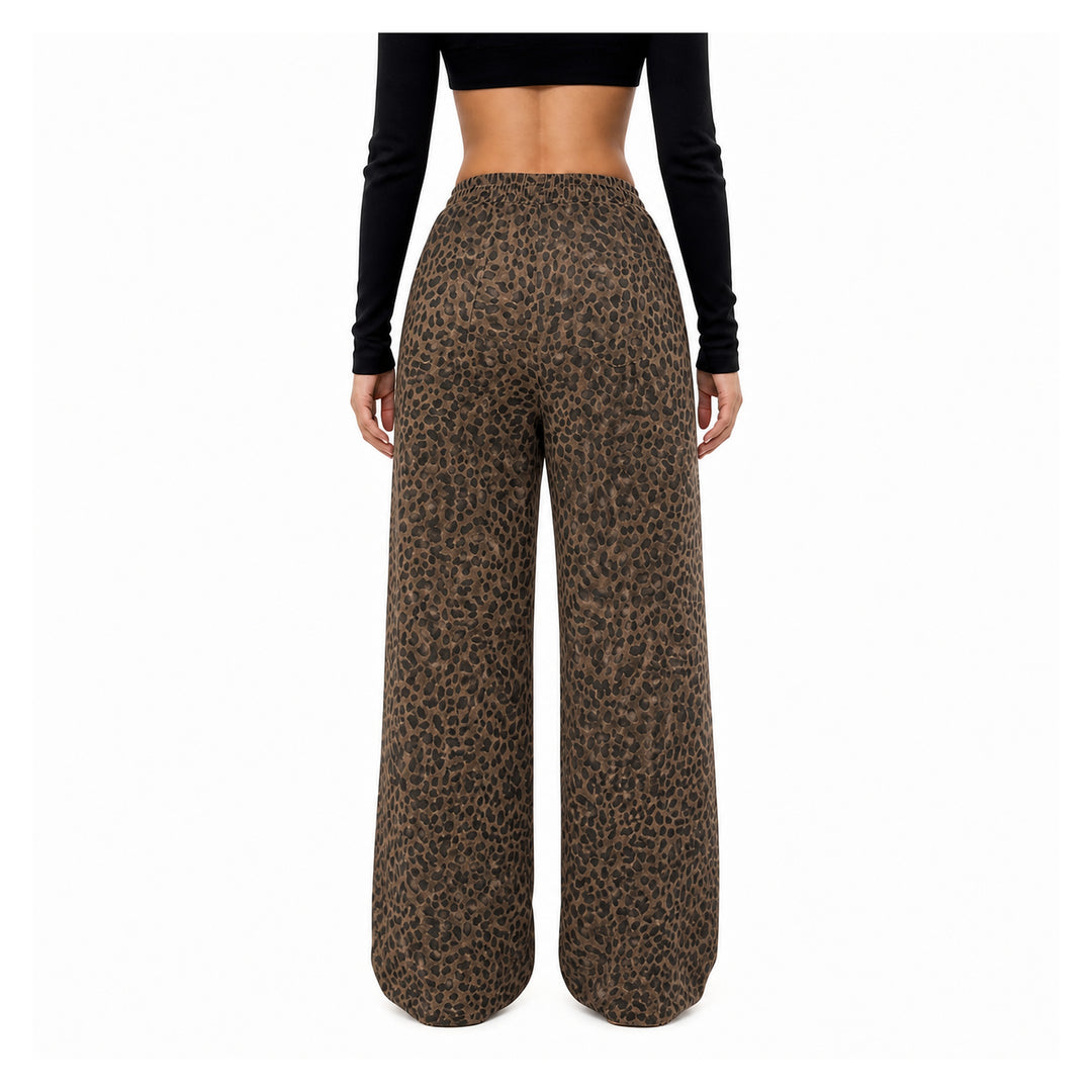 The Elara Relaxed Leopard Wide-Leg Pants in dark brown, back view
