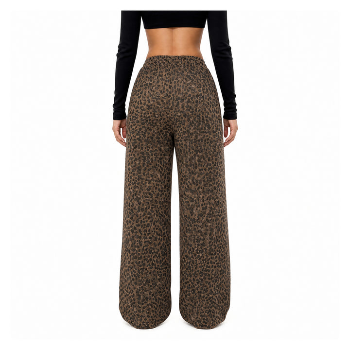 The Elara Relaxed Leopard Wide-Leg Pants in dark brown, back view