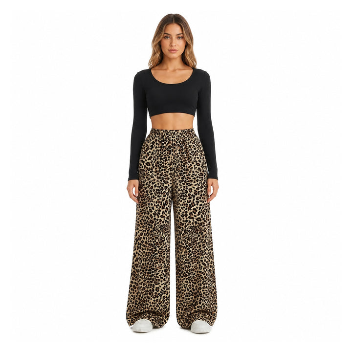 The Elara Relaxed Leopard Wide-Leg Pants in light brown, front view