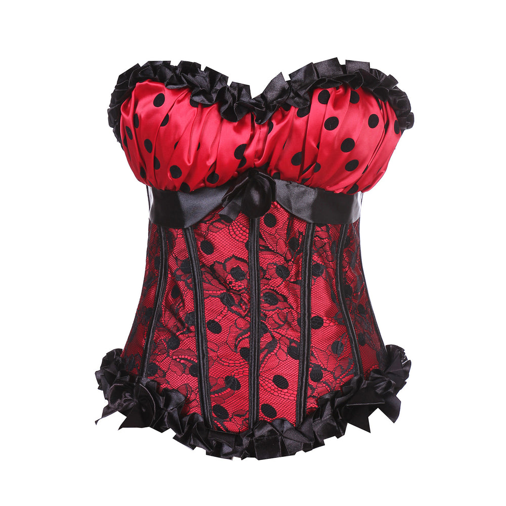 Red polka-dot ruffle lace corset top front product view