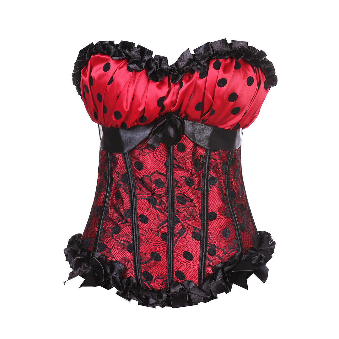 Red polka-dot ruffle lace corset top front product view