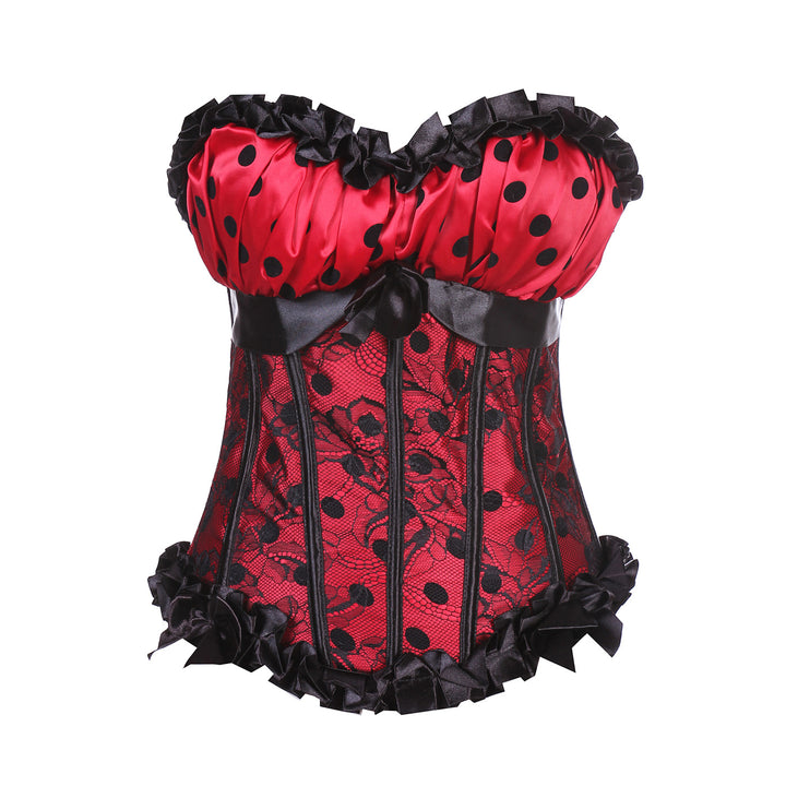 Red polka-dot ruffle lace corset top front product view