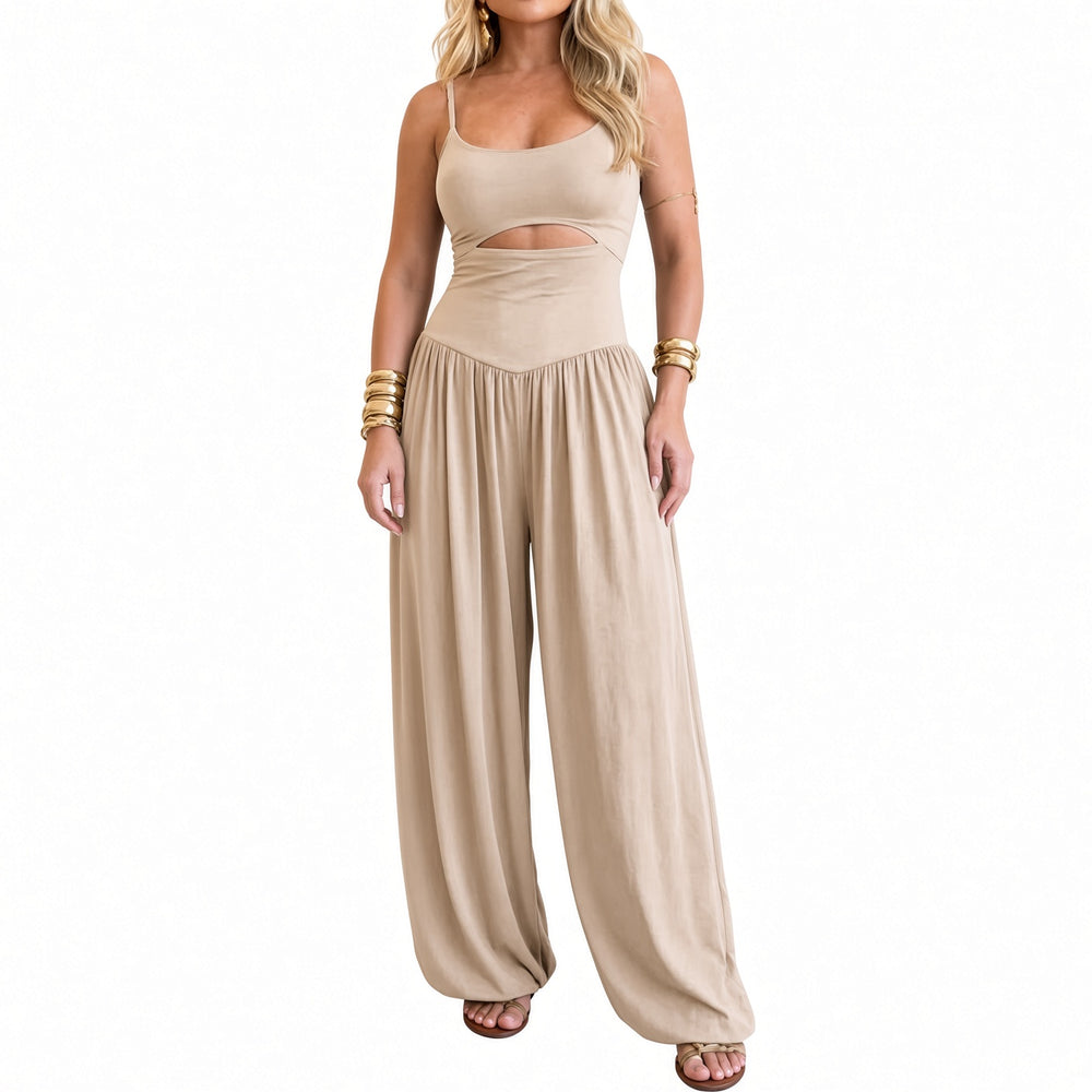 Apricot beige cutout tie-back wide-leg jumpsuit on model, front view