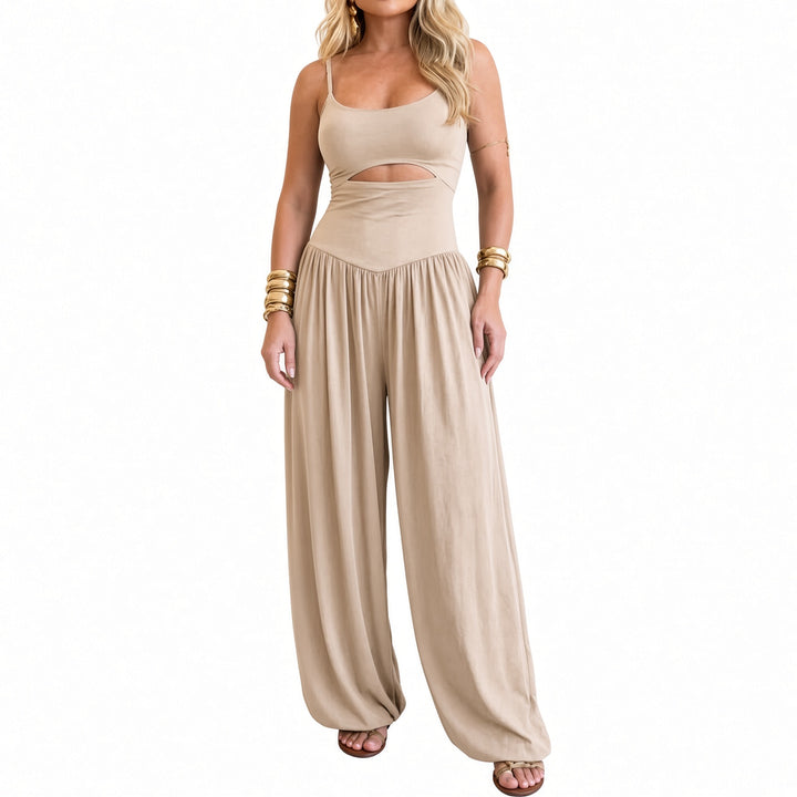 Apricot beige cutout tie-back wide-leg jumpsuit on model, front view