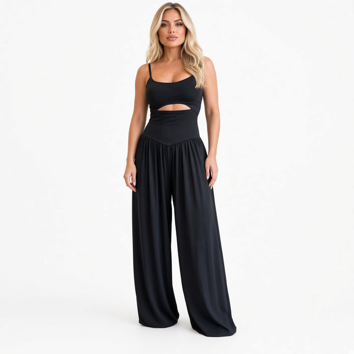 Black cutout tie-back wide-leg jumpsuit on model, front view
