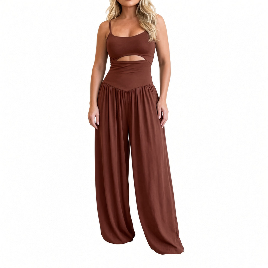 Brown cutout tie-back wide-leg jumpsuit on model, front view