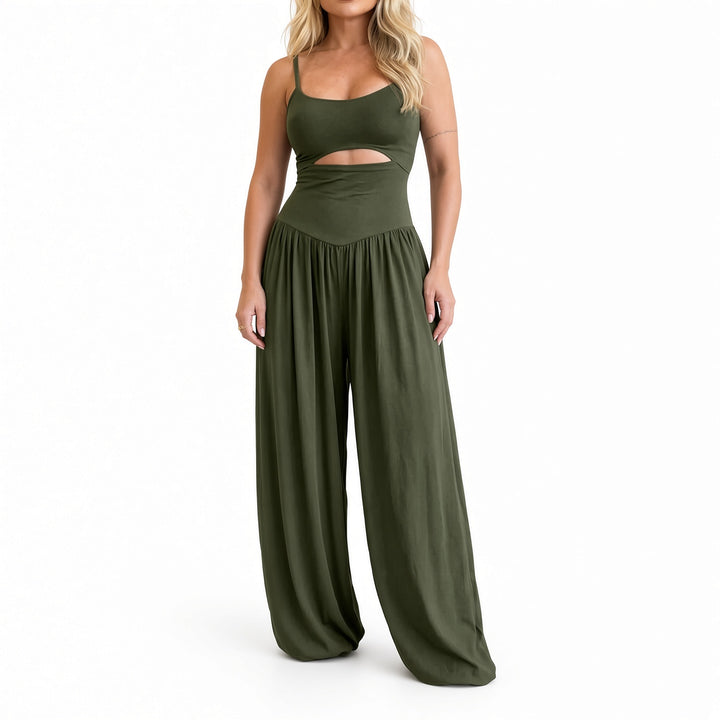 Army green cutout tie-back wide-leg jumpsuit on model, front view