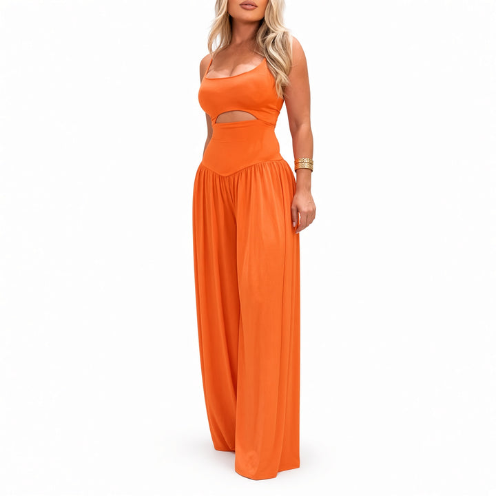 Orange cutout tie-back wide-leg jumpsuit on model, front view