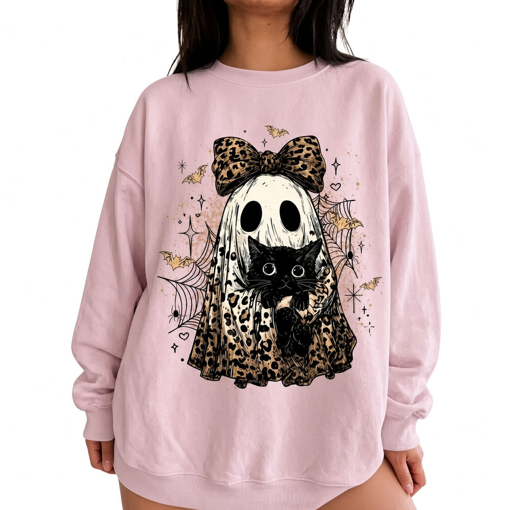 Pink leopard-bow ghost cat Halloween sweatshirt on model, front view
