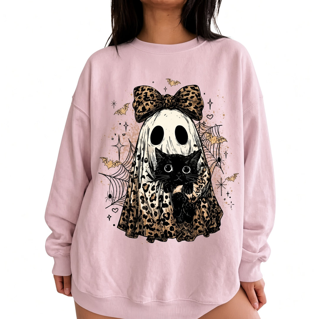 Pink leopard-bow ghost cat Halloween sweatshirt on model, front view