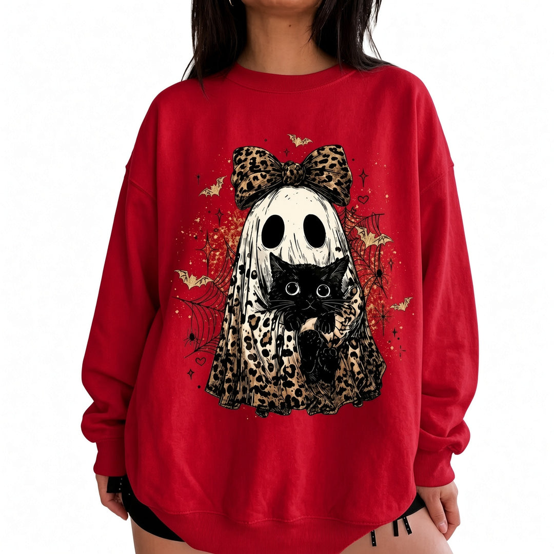 Red leopard-bow ghost cat Halloween sweatshirt on model, front view