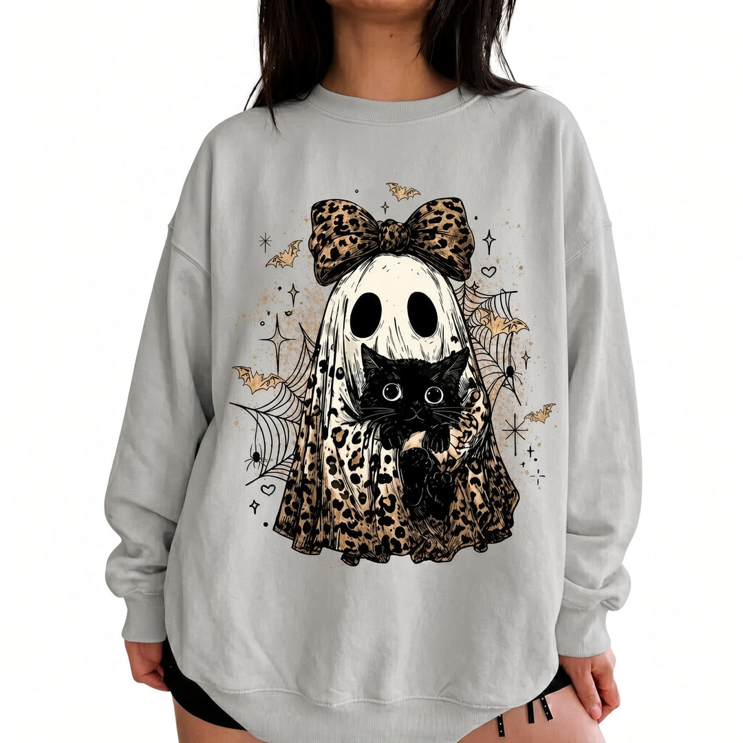 Black leopard-bow ghost cat Halloween sweatshirt on model, front view