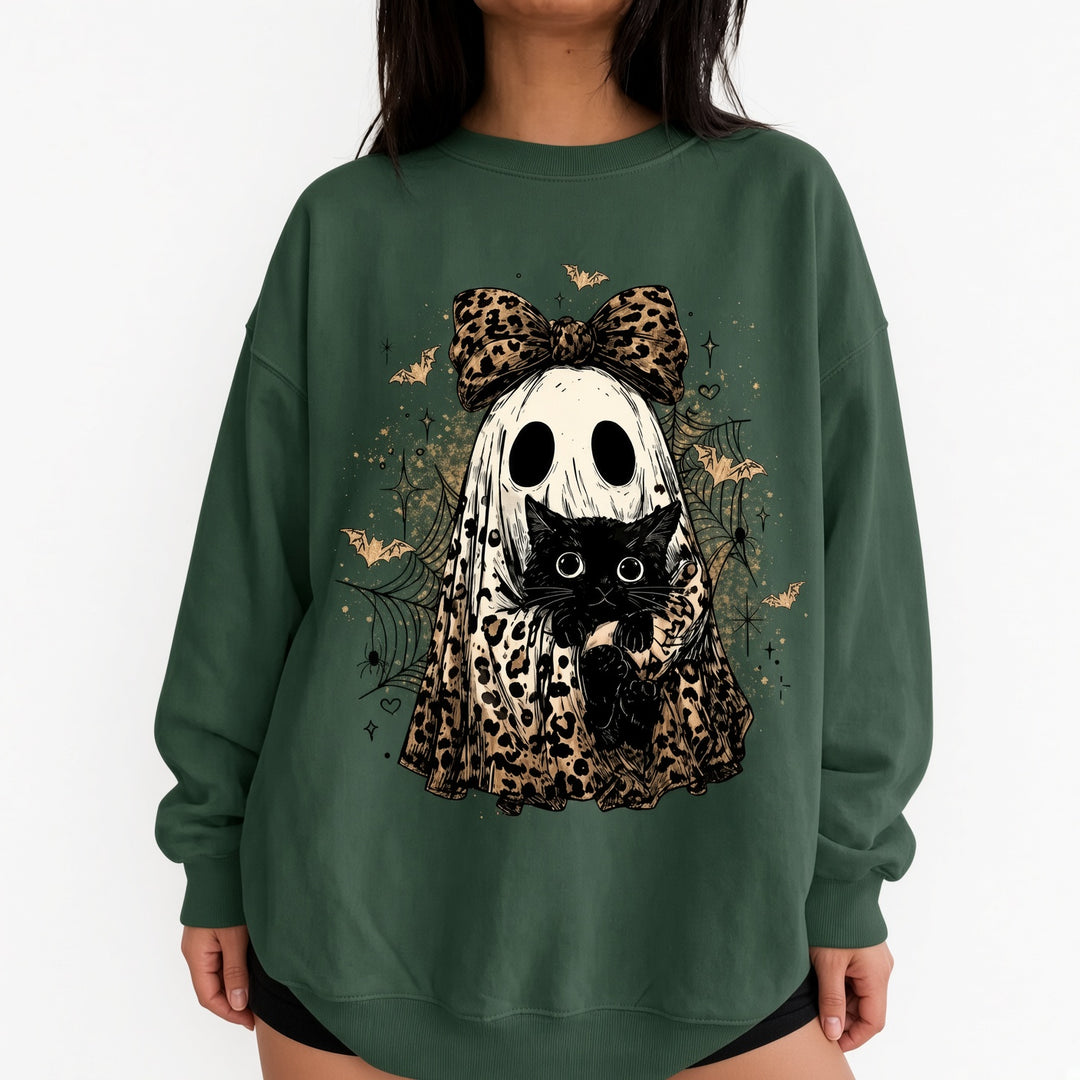 Forest green leopard-bow ghost cat Halloween sweatshirt on model, front view