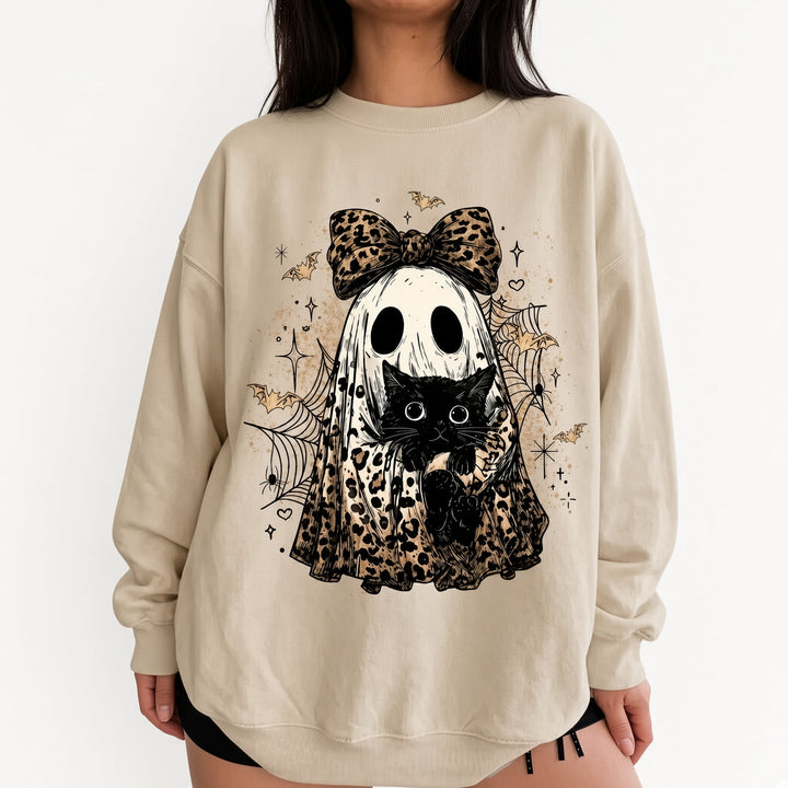 Sand leopard-bow ghost cat Halloween sweatshirt on model, front view